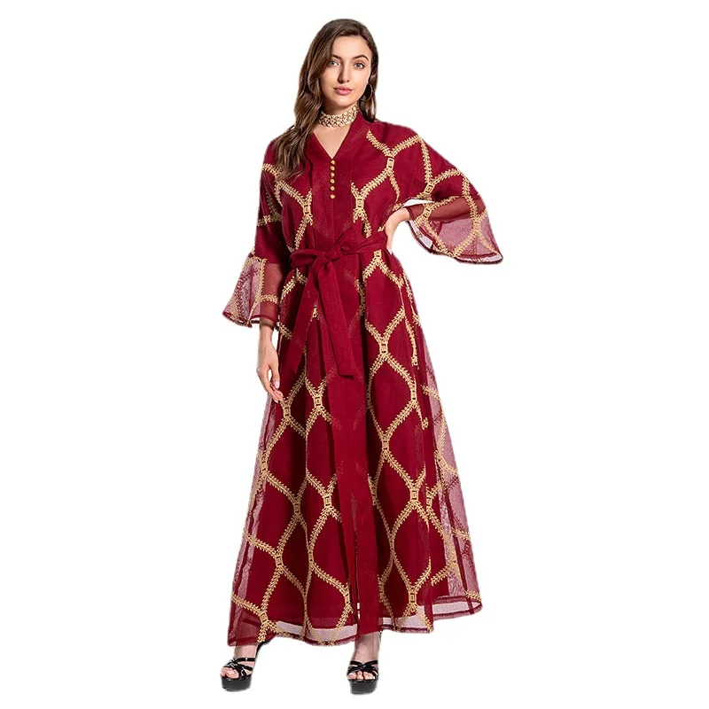 

Party Dresses Red Lace Gold Embroidery Dubai Luxury Dress Belt V Neck Flare Sleeve Ladies Dresses For Special Occasions