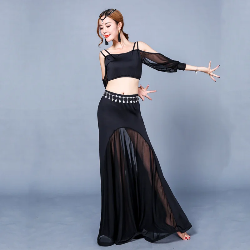 

#9829 Black Skirt And Top Set Women Sexy Short Top Mesh-sleeve Off Shoulder And High Waist Long Skirts Belly Dance Clothes Femme