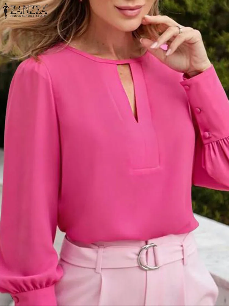 

ZANZEA Women Office Hollow Out Blouse Elegant Long Puff Sleeve Top 2023 Autmun Round Neck Blusas Fashion Soild Button Cuff Tunic