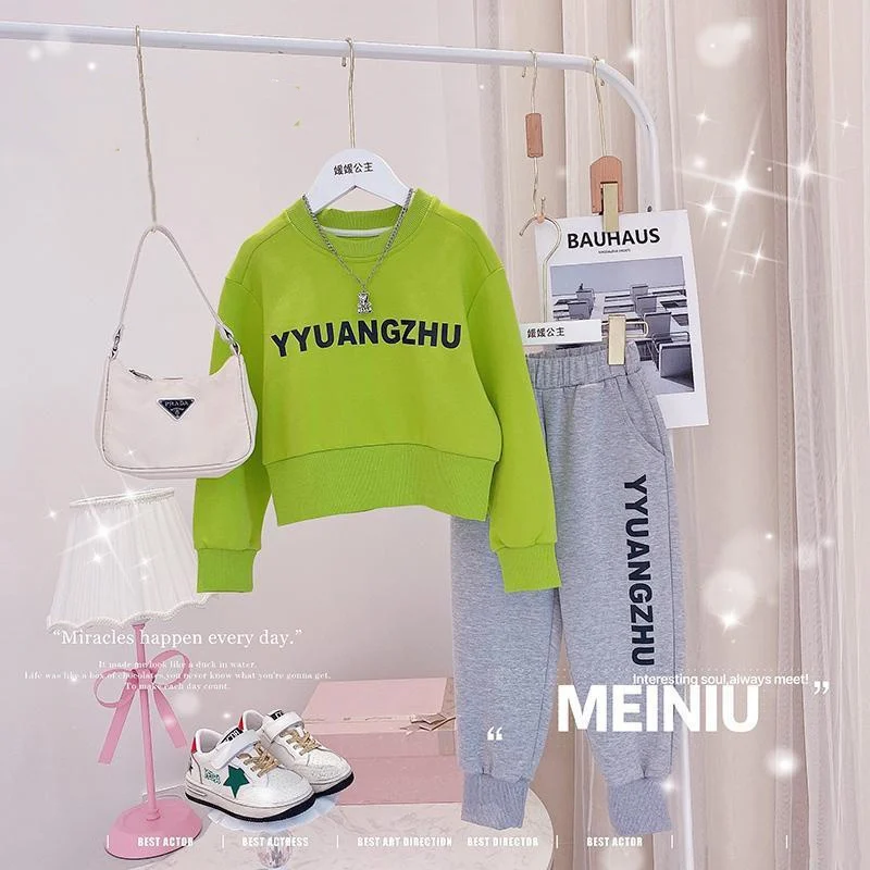 

Girls Suit Sweatshirts +Pants Cotton 2Pcs/Sets 2022 Green Spring Summer Outfits Sports Sets Kid Tracksuit Children Clothing