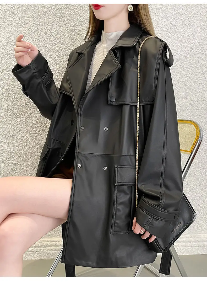 Leather Women's Autumn 2022 New Lace-up Waist Slimming Mid-length Navy Collar Leather Jacket