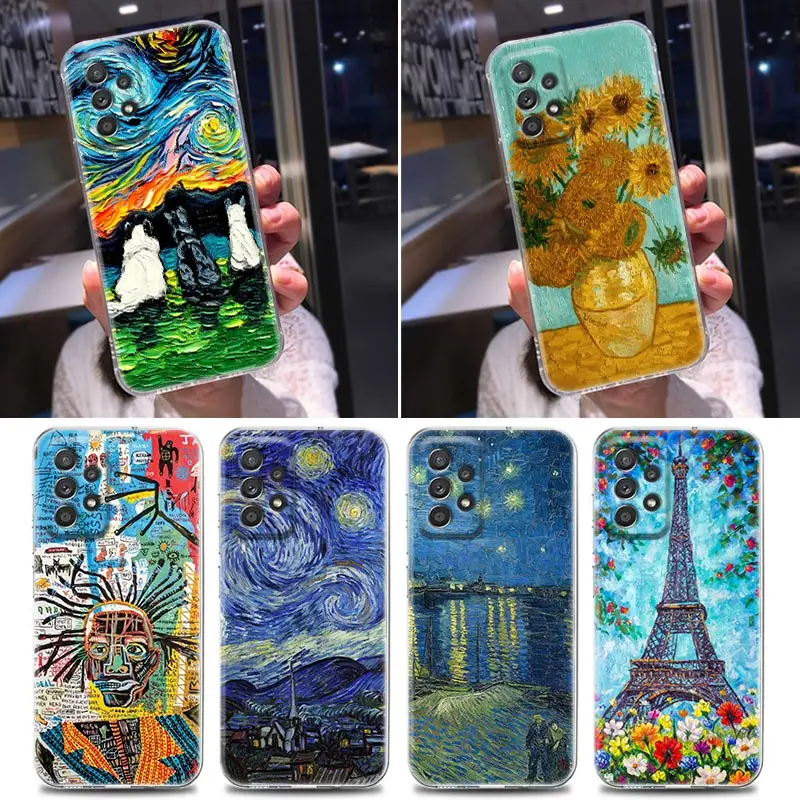 

Van Gogh Silicone Clear Case For Samsung Galaxy A52 A51 A53 A72 A71 A73 A32 A31 A22 A11 Case Cover Cat Starry Night Oil Painting