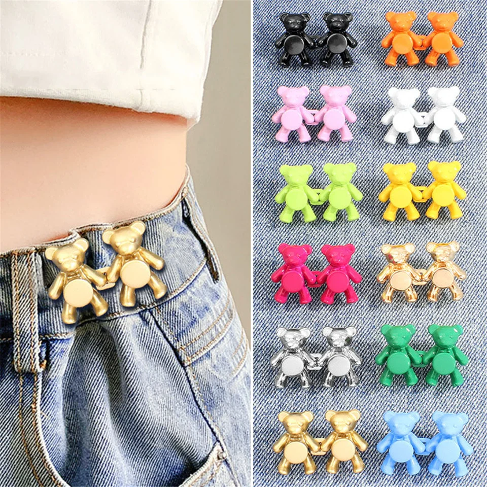 

1 Pair Metal Wais Buckles Sewing-free Flat-back Colorful Bear Pans Waist Changed to Small Size Removable Buttons Accessories