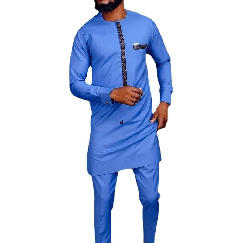 

African Suit Summer African Men Long Sleeve Round Neck Polyester Two Pieces Sets Top and Long Pant African Clothes for Women
