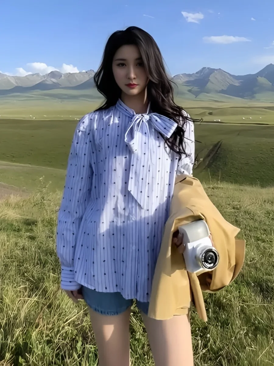 French sle Blue Shirts Women 2024 Autumn New Design Sense Bow Lace-up Polka Dot Shirt Stripe Top