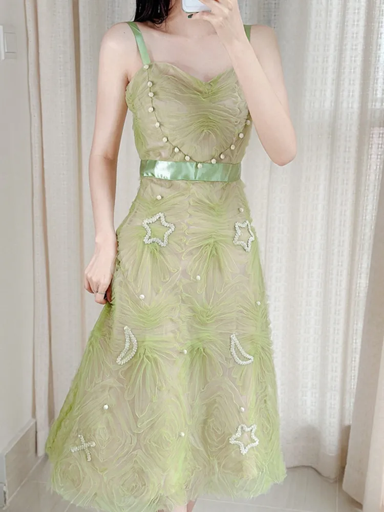 

DALMAZZO, Новинка лета 2023, дизайнерское длинное Сетчатое платье с бисером, на бретелях-спагетти, женское модельное платье без рукавов с утечкой на спине, женское платье