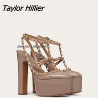 rivets chunky heels platform pumps sandals luxury brand design round toe hollow buckle strap high heel womens shoes gladiator