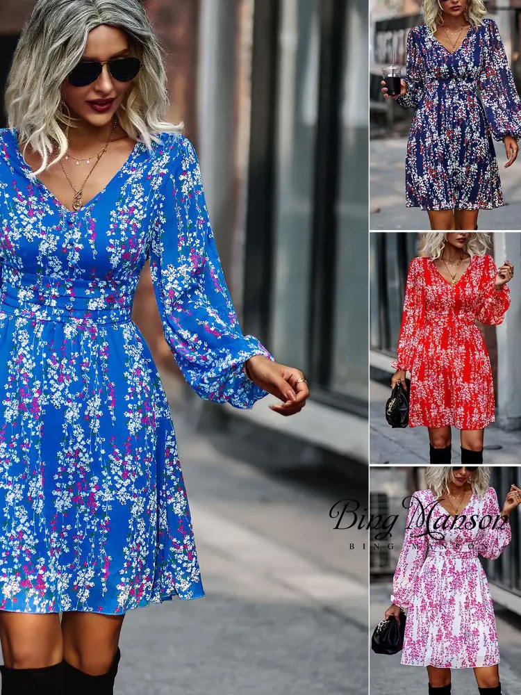 

2022 Spring and Autumn New Temperament Waist-slimming Bubble Sleeve Ladies Office Wear Elegant Floral Long-sleeved V-neck Dress