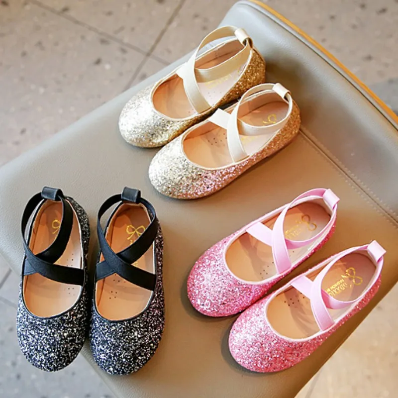 2023 Spring New Leather Shoes Girls' Cross Lace Elastic Band Princess Shoes Student Performance Shiny Ballet Dance Flats