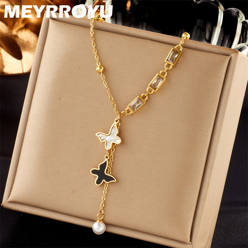 

MEYRROYU 316L Stainless Steel New Vintage Butterfly Zircon Pendant Choker Necklace For Women Party Gift Collier Accessories