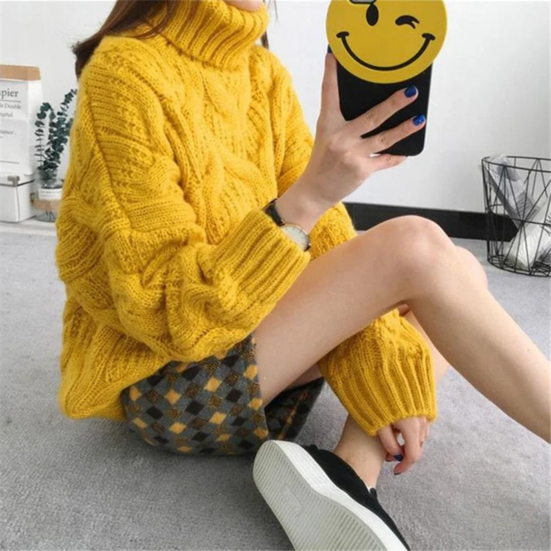 

Thick Winter Coarse Yarn High Collar Knitted Sweater Pullover Women 4 Color Korean Turtleneck Short Jumpers Ladies Knitting Tops