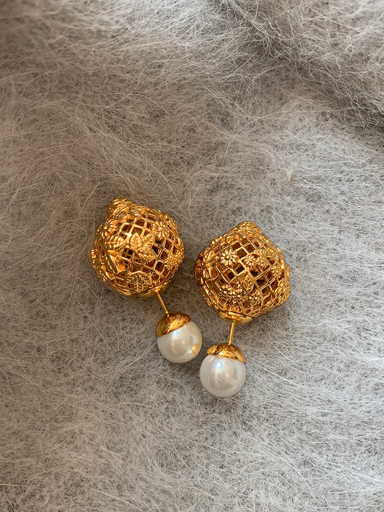 

Gold Openwork Rose Flower Pearl Earrings French Vintage Stud Earrings