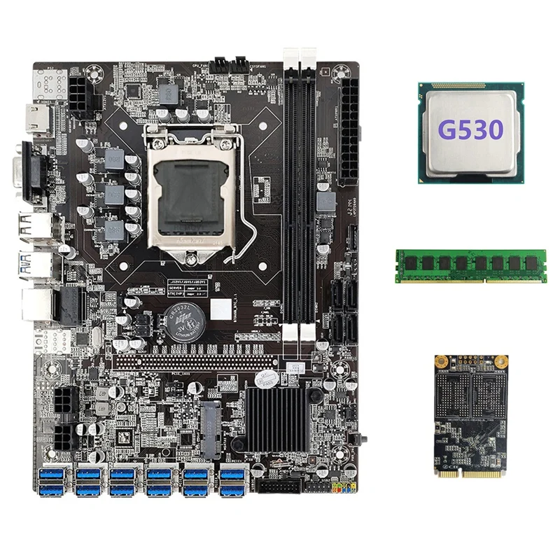 

B75 BTC Mining Motherboard 12 PCIE To USB3.0+G530 CPU+DDR3 4GB 1600Mhz RAM+128G MSATA SSD B75 USB Miner Motherboard