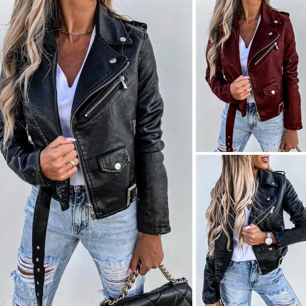 

Women Jacket Zipper Faux Leather Lapel Long Sleeves Solid Color Warm High Street Casual Autumn Biker Coat chaquetas куртки