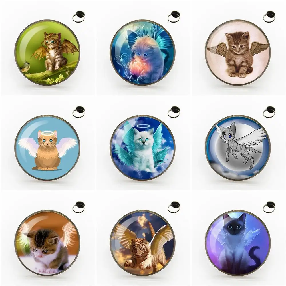 Для мужчин, женщин, мужчин, подарок на вечеринку, стильные ювелирные изделия в стиле Харадзюку с ангельским крылом, котом, со стеклянным кабошоном, бронзовые/серебряные/золотые кольца