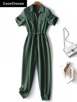 fashion women jumpsuits rompers summer 2022 brief overalls lapel short sleeve drawstring acetate long cargo pants olive navy