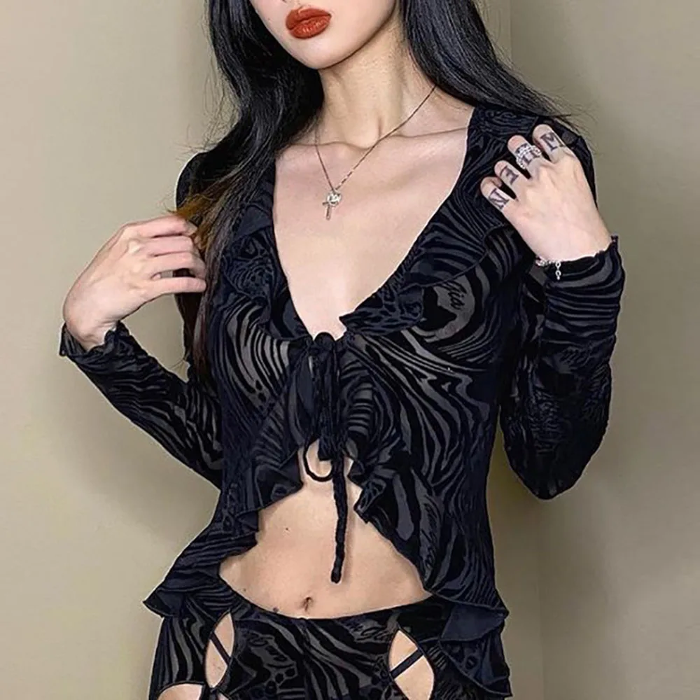 

Patchwork V-Neck Color Block Standard Women's Blouse Fashion Solid Color Bandage Sexy Lace Female Blouse High Street Night Club