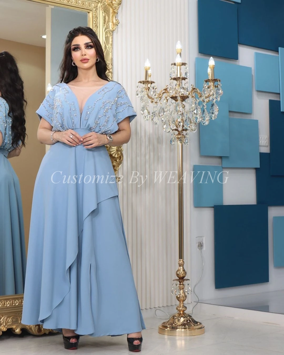 

Light Blue Chiffon Prom Dresses A-line Sheer Neck Short Sleeves Beadings Floor Length Saudi Arabia Women Evening Party Dress