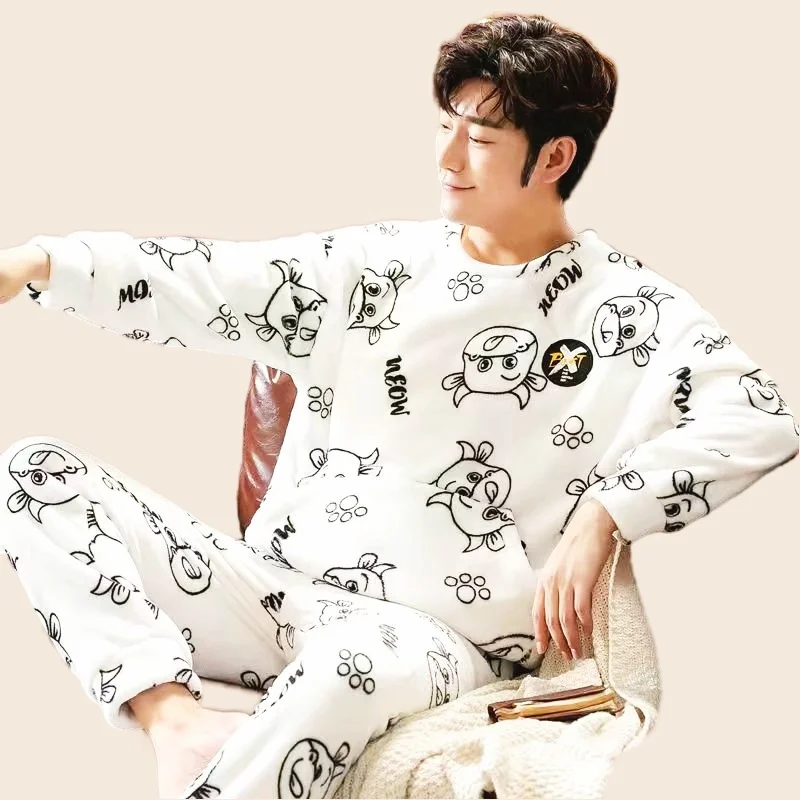 Winter Man Pajamas Set Full Sleeve T-shirt Long Pants 2Piece/Set Casual Cartoon Pyjama Big Size Men Homewear Cozy Plus Sleepwear