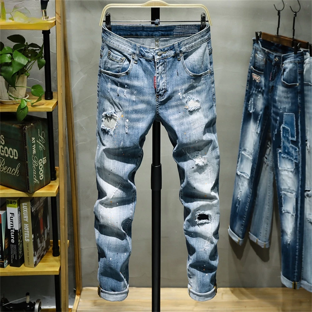 Hole-lined Printed Letter Jeans Men's Splash Ink Paint Dots Soft Casual Loose Cotton Elastic Trousers Mustache Red Ears