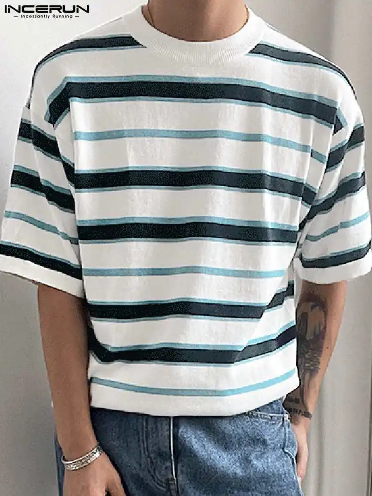 

Fashionable Tops INCERUN Handsome New Men Knitted Striped Loose O-Neck T-shirts Casual Simple Male Short-sleeved Camiseta S-5XL