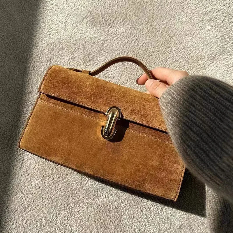 Square Women's Handbags Luxury Design Hand Bag Ladies Cowhide Fashion No Shoulder Strap Soft Suede Real Leather Rotary Latch