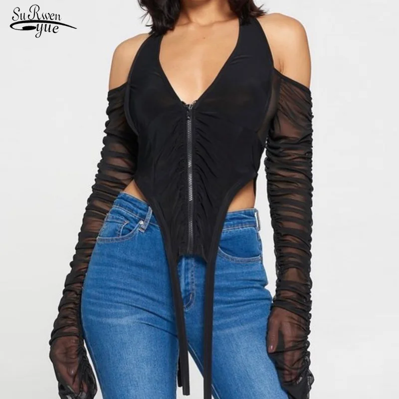 

Летний женский Прозрачный Топ без бретелек с рукавами и лентами, элегантный сексуальный сетчатый топ с V-образным вырезом для клуба, модель ...