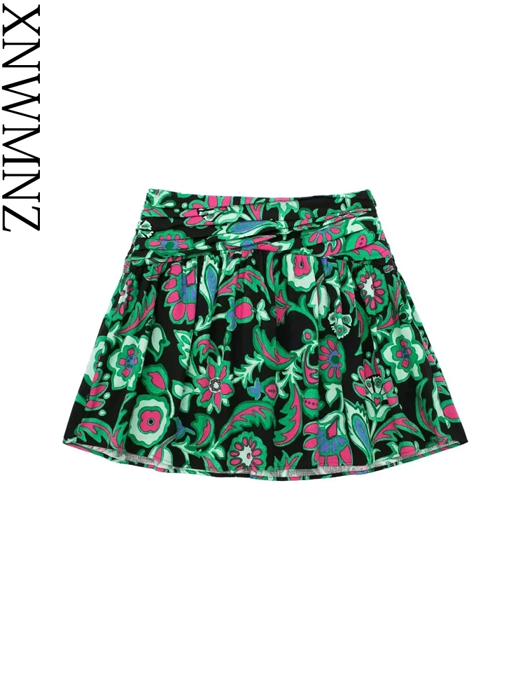 

XNWMNZ 2023 Women Fashion Linen Blend Print Mini Skirt Woman Vacation Style High Waist Gathered Side Zipper Female Chic Skirt