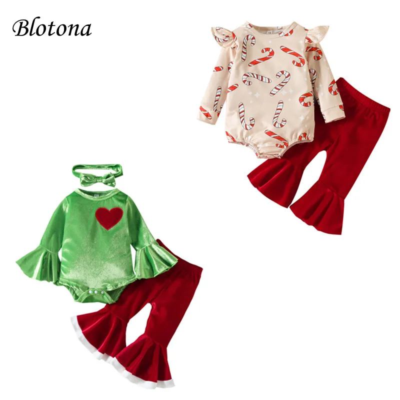 

Blotona Baby Girls 2Pcs Christmas Outfits, Crutch Print Long Fly Sleeve Romper + Solid Color Velvet Flared Pants Set, 0-24Months