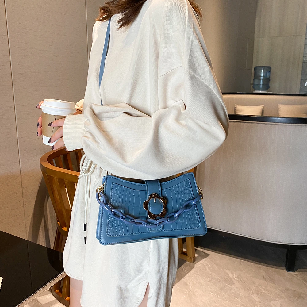 

Fashion Solid Color PU Women Shoulder Bag Acrylic Chain Tote Crossbody Handbag Youth Ladies Simple Versatile Bag