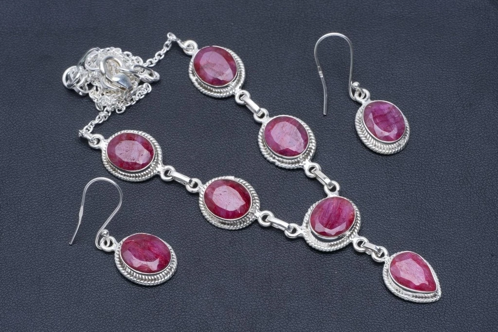 

Natural Cherry Ruby 925 Sterling Silver Jewelry Set Necklace 20.25" Earrings 1.25" A3564