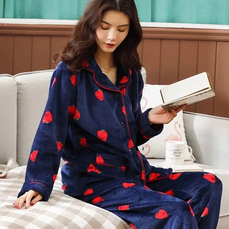Winter Warm Women Pyjamas Sets Thick Coral Velvet Long Sleeve Cartoon Sleepwear Flannel Pajamas Set Pijama Mujer Homewear