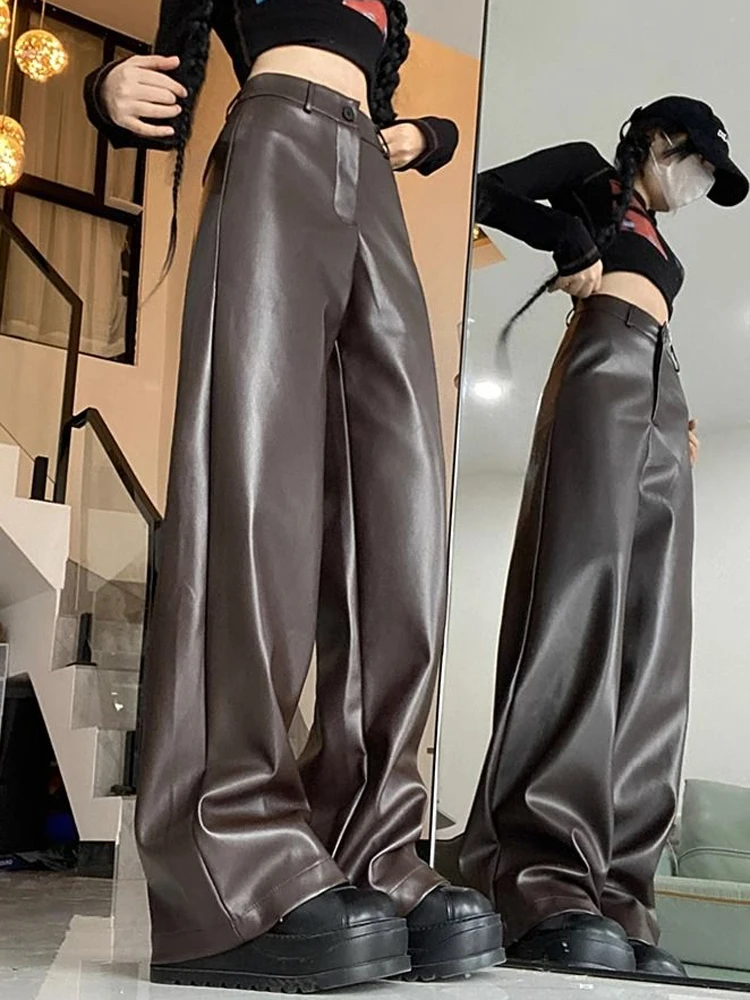 Оригинальные осенне-зимние прямые широкие брюки из искусственной кожи в