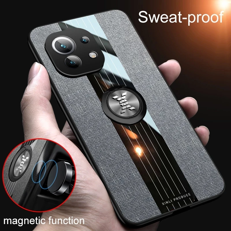

For Xiaomi Mi 11 Lite Case Fabric Texture Hard Back Ring Holder Cloth Phone Case For Xiaomi Mi 10 10S 12 11 Lite Pro Cover Coque