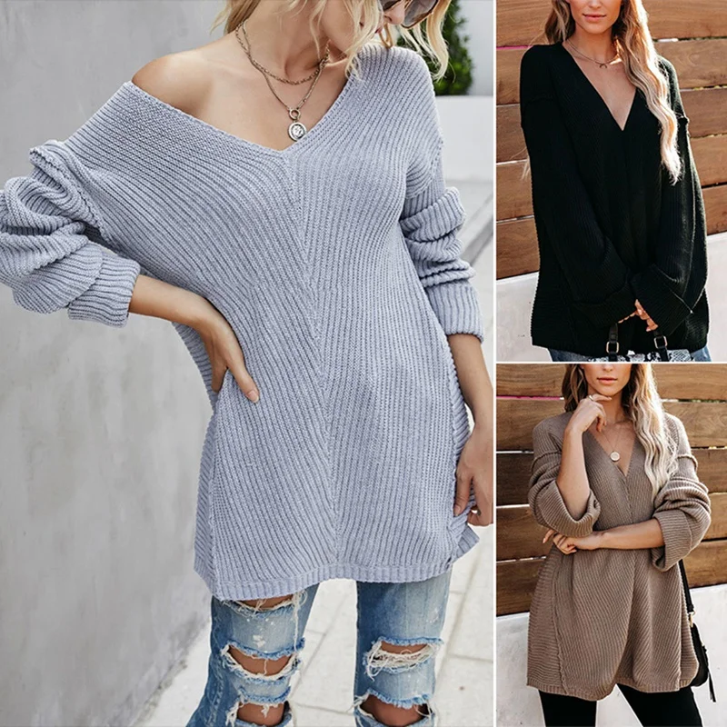 

ASDS-Women's Fashion V-Neck Solid Color Pullover Knit Pullover Sweater