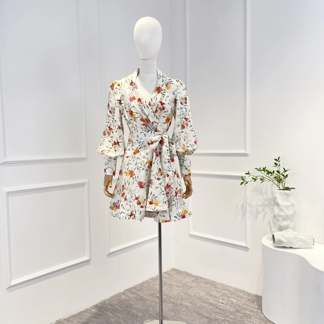 

2023 Spring Summer Top Quality Graceful Vintage Beach Style V-neck Floral Printing Lace-up Woman Mini Dress