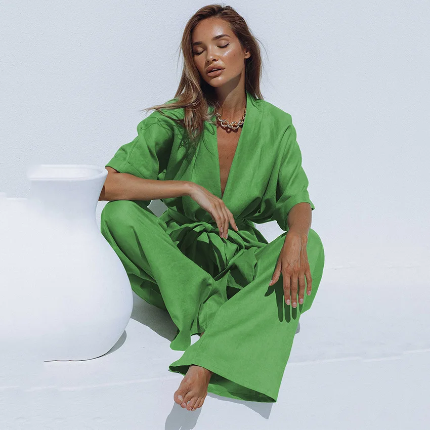 QWEEK Cotton Trouser Suits Short Sleeve Women's Pajamas Two Piece Belt Design Basic&Casual Loungewear Summer Home Clothes