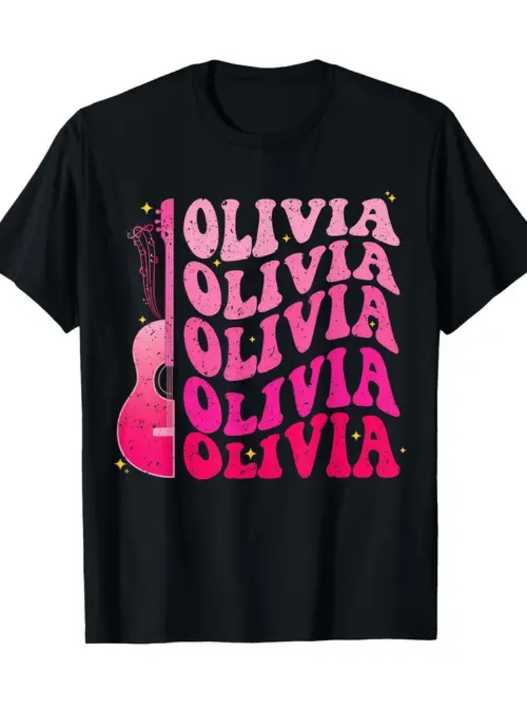 Фото Розовая футболка Groovy 80-х годов «Olivia» — 100% хлопок, короткий рукав, круглый вырез с гитарной графикой, можно стирать в машине — повседневная и удобная №1