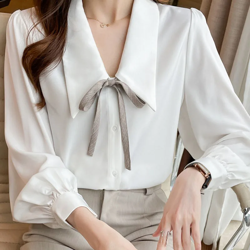 Женская шифоновая рубашка с длинным рукавом белая Свободная блузка во