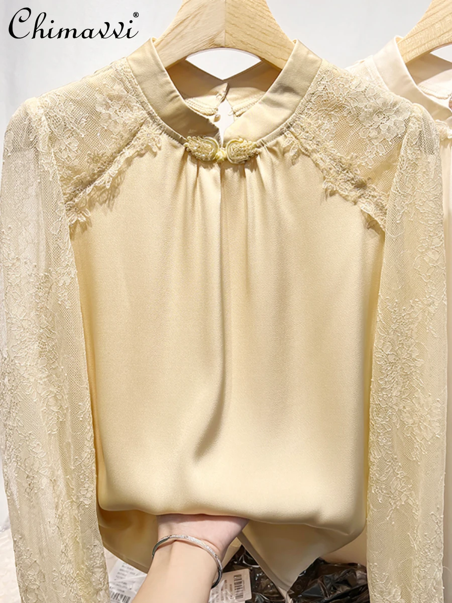 

2022 New French Style Elegant Stand Collar Buckle Mesh Lace Stitching Long Sleeve Chiffon Shirt Women's Autumn Slim Blouse