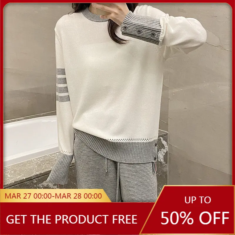

High Quality Advanced Contrast Color Crew Neck Sweater for Women Early Autumn TB Small Fragrance Gentle Knit Versatile Casual