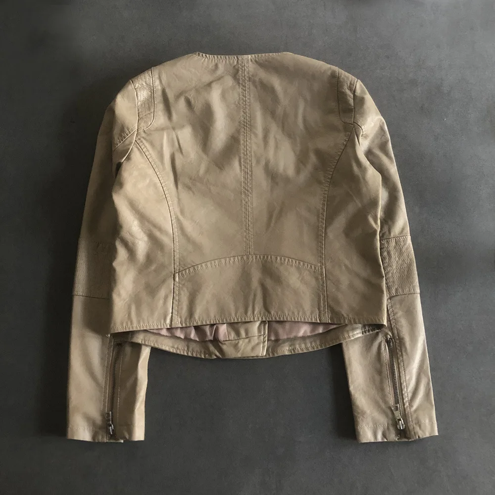 2023 autumn new collarless motorcycle suit short slim small leather simple leisure coat