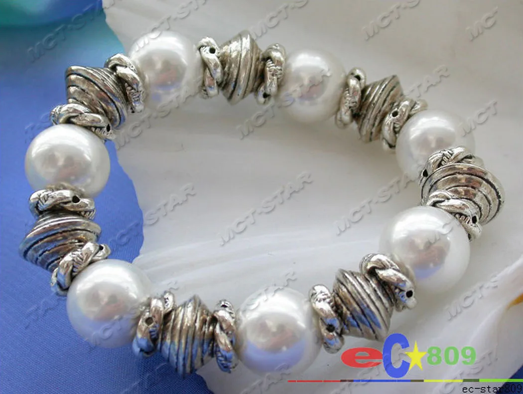 

p2859 8" 14mm White Round SOUTH SEA SHELL PEARL Bracelet