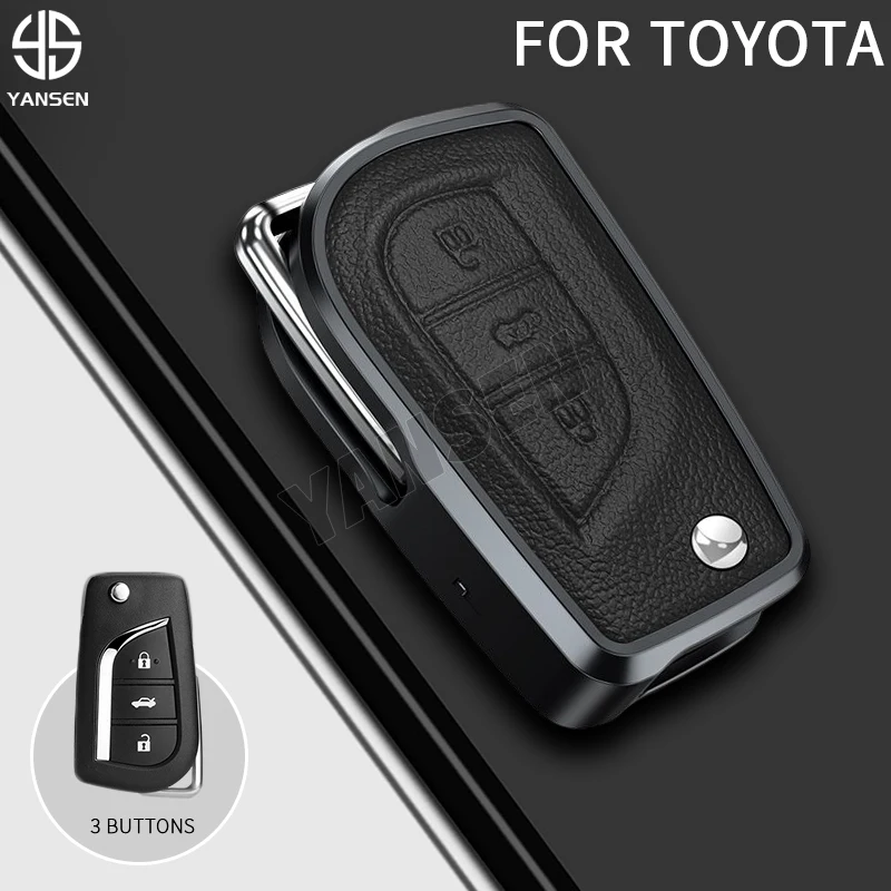 

For Toyota Aluminum Alloy Leather Car Key Chain Shell Automobile 3 Buttons Fold Keychains