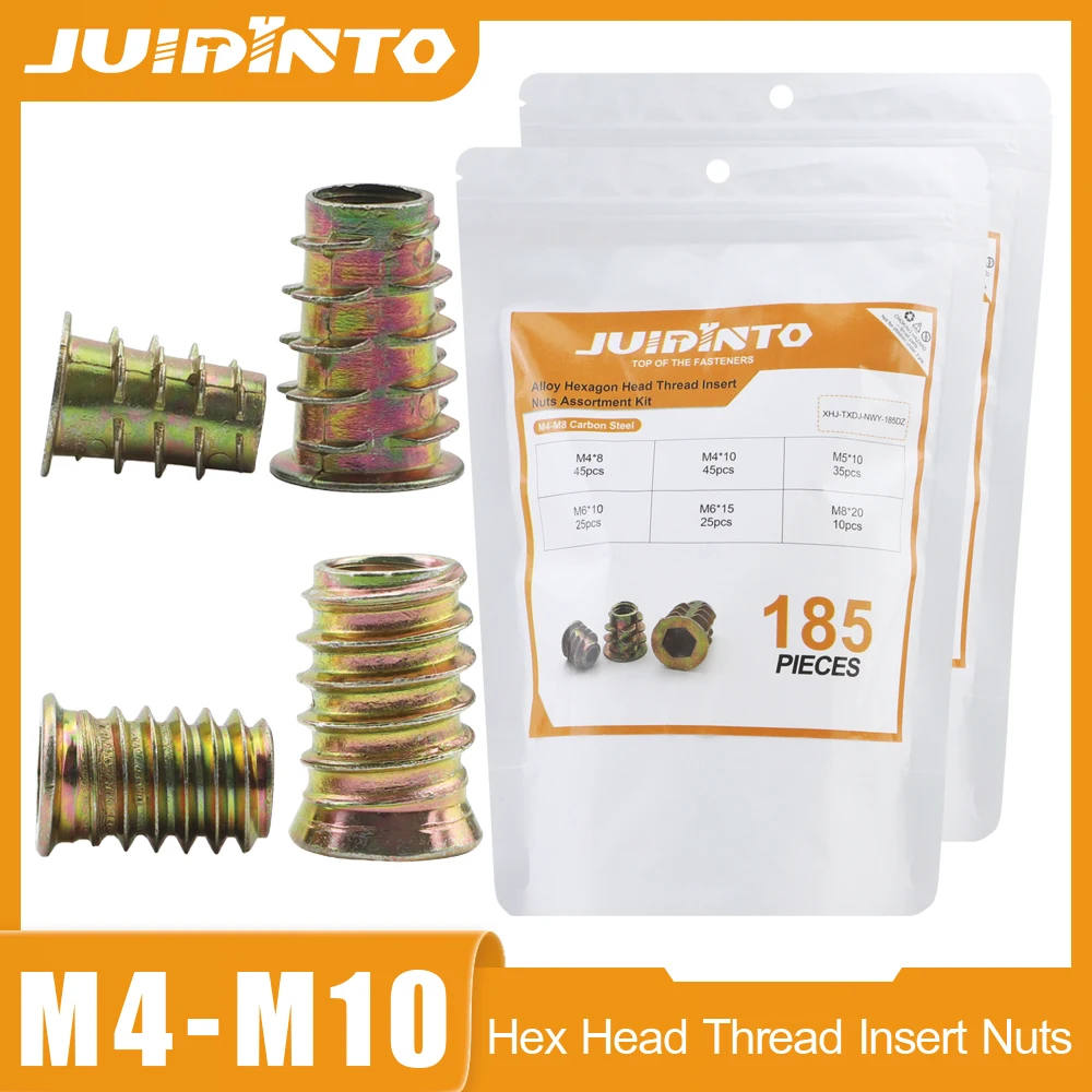 

JUIDINTO Hexagon Socket Head Threaded Insert Nut Assortment Kit M4-M10 Zinc Plated Carbon Steel for Wood Furniture
