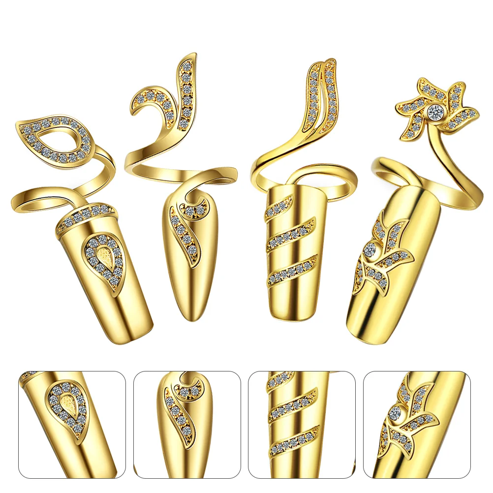

4 Pcs Fingernail Cap Ornament Hand Jewelry Decorative Rings Shaped Fashion Alloy Nails Rhinestones Women Creative