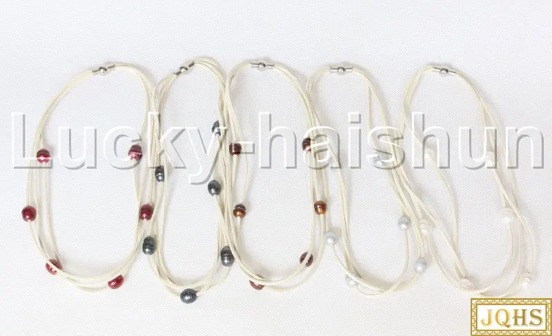 

JQHS Baroque 3 Rows White Black Pink Gray Coffee Wine Red Pearls White Leather Necklace Magnet Clasp J12969