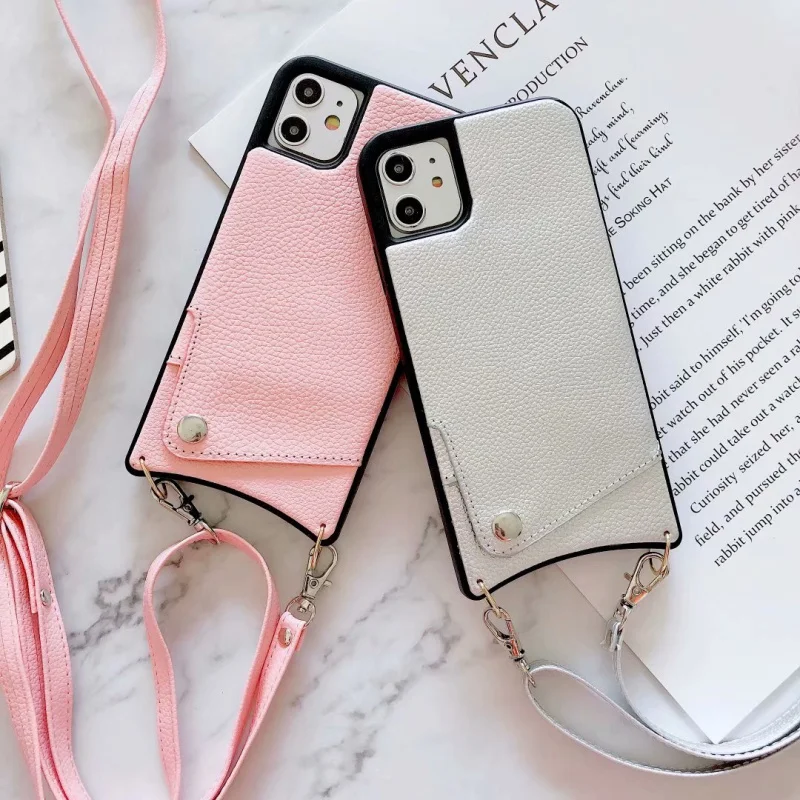 

Fhx-11c New PU leather lychee pattern card case for iPhone 7 8 Plus X XS 11 12 13 Pro MAX diagonal strap protective case
