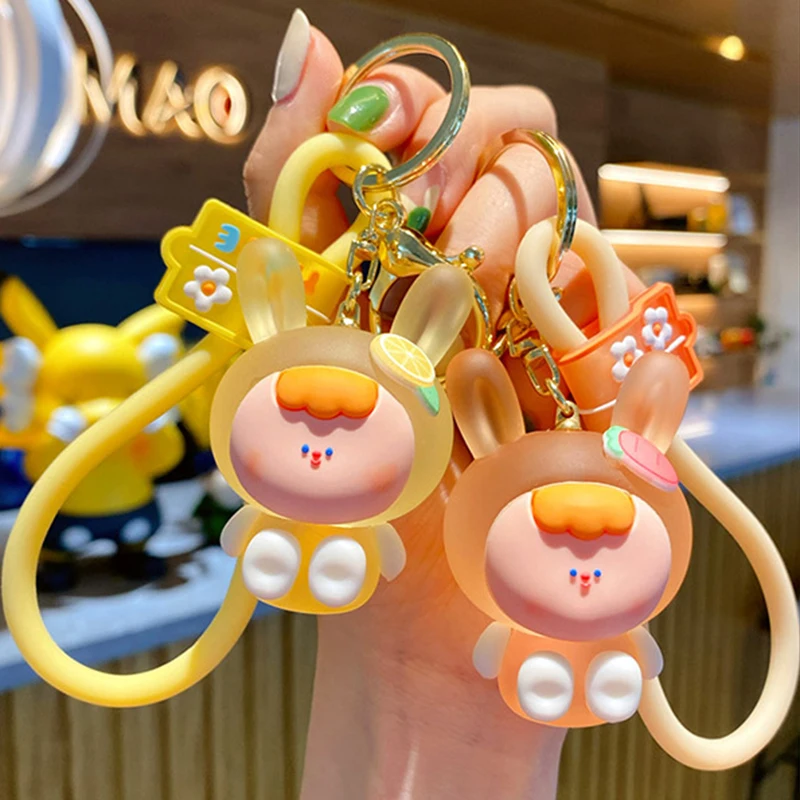Cartoon Transparent Crystal Vitality Fresh Fruit Bangs Hair Rabbit Keychain Trend Fun Acrylic Bunny Doll Couple Bag Keyring Gift