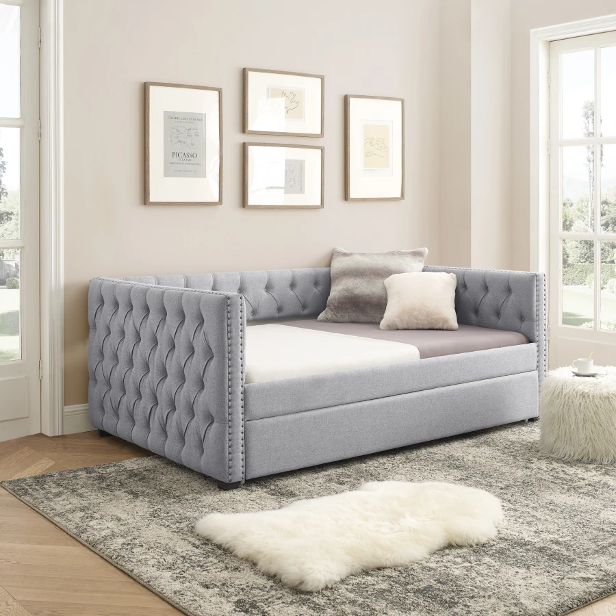 

Daybed with Trundle Upholstered Tufted Sofa Bed, with Button and Copper Nail on Square Arms，Full Daybed & Twin Trundle, Grey
